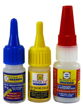 Lot petit format une colle 10 g une poudre d'assemblage de 15 g et un détache colle de 10 ml reparex