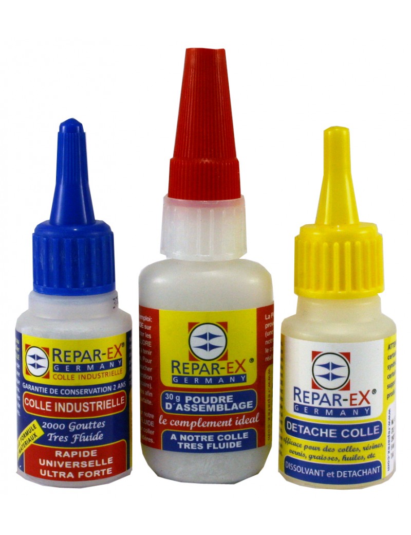 Lot de colle reparex une colle 20 grammes une poudre d'assemblage 30 grammes et un détache colle de 20 ml reparex